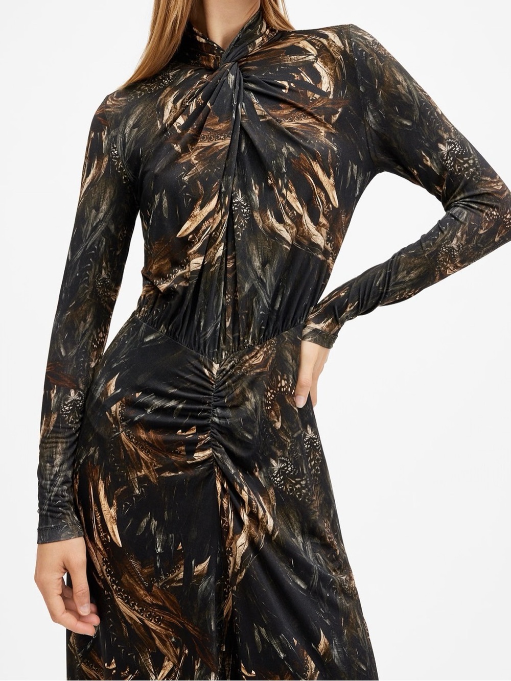 AllSaints Black and Bronze Feather-Print Maxi Dress - Picture 5 of 6